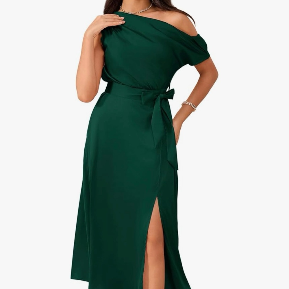 Women’s Sleeveless Elegant Midi Cocktail One-Shoulder Tie Dress Satin M Party